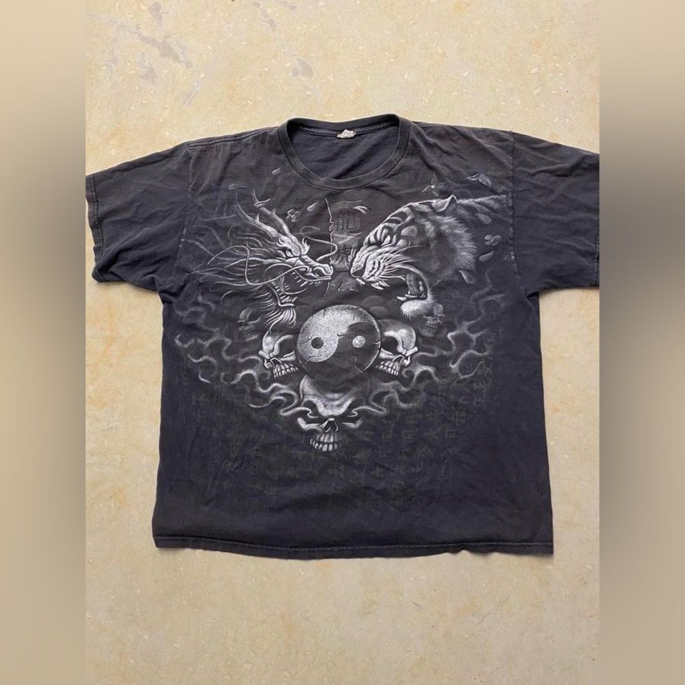 Y2K Biker Cyber Skater Skull Dragon YinYang Tiger Graphic Grunge Tee Shirt